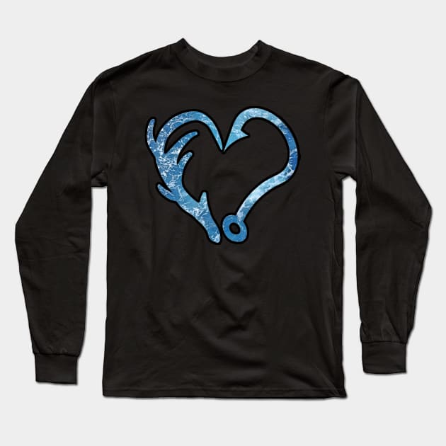 Fishing and Hunting - Deer Antler & Fishing Hook Heart Long Sleeve T-Shirt by Trade Theory